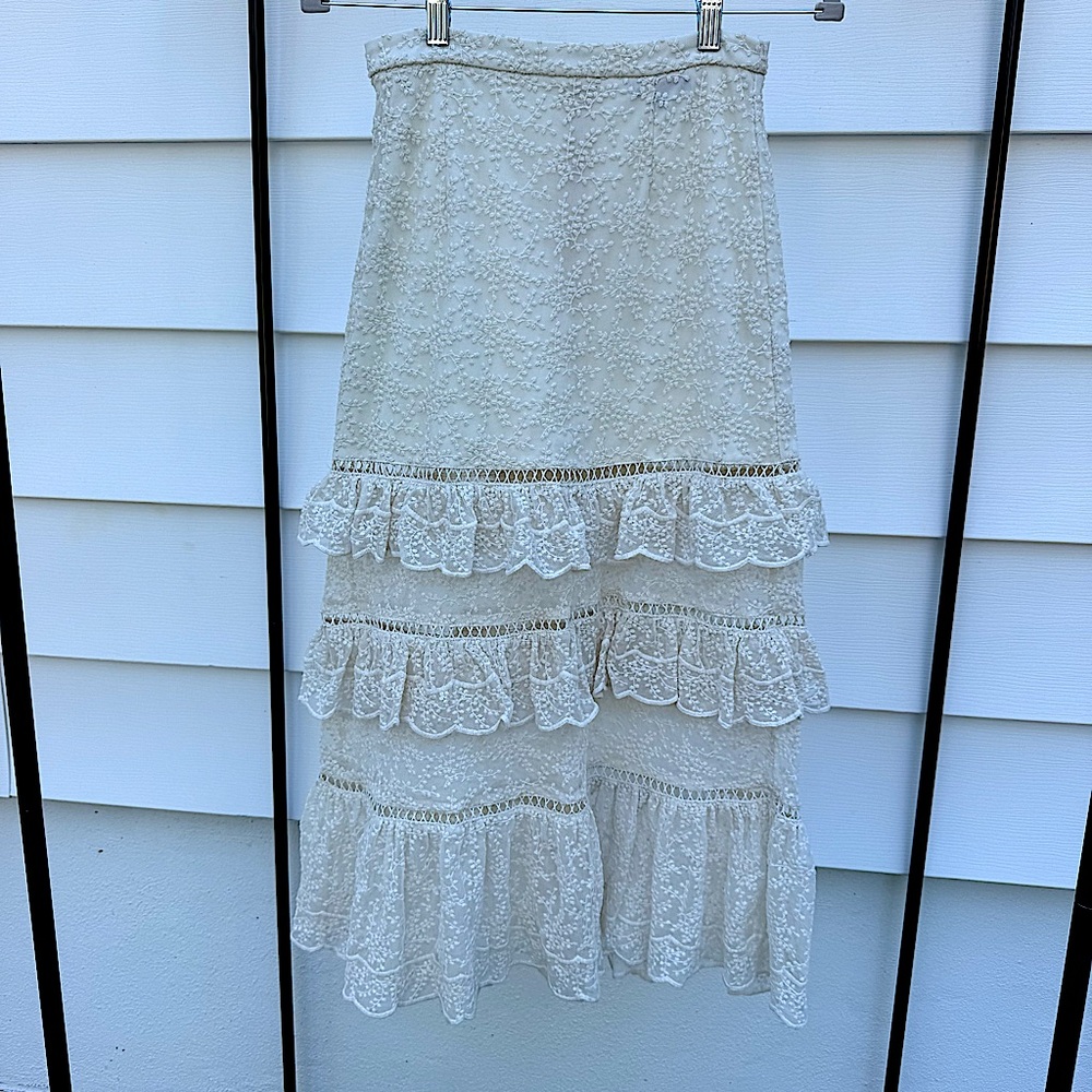 Lulus Maxi Lace Layered Ruffle Skirt | Ivory White | Size Small